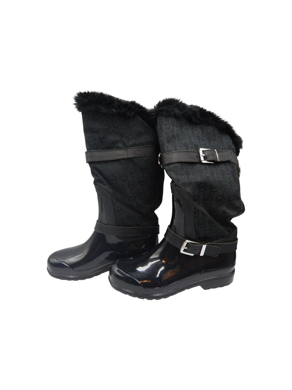 Michael Kors Fulton Fur Trim Monogram Jacquard Rubber Knee High Rainboot Black 7